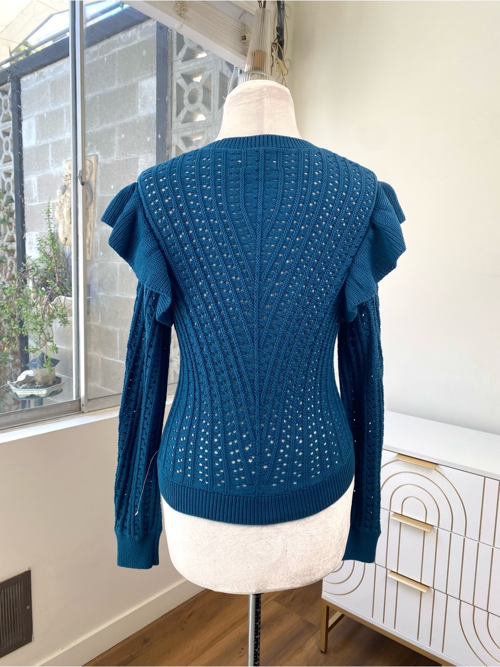 Nation LTD NWT Pointelle Ruffle Kay Pullover Sweater Italian Sea Blue, Size S - Picture 5 of 7